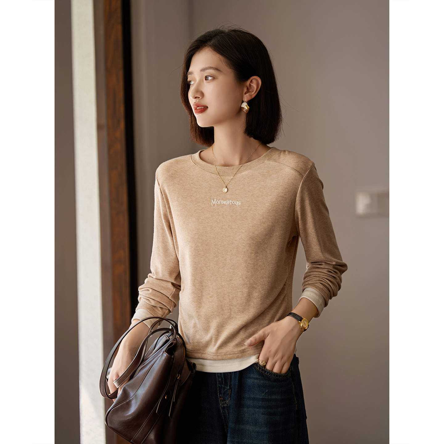 拼接圆领针织长袖T恤2025年