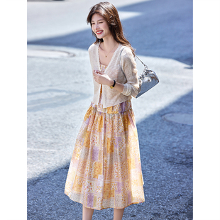 时尚气质套装2025年夏季新款女温柔知性碎花拼布减龄吊带裙两件套