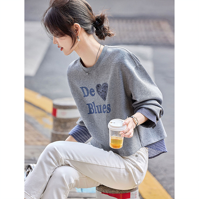 时尚休闲卫衣2025年春季新款女拼接格纹休闲减龄百搭假两件上衣