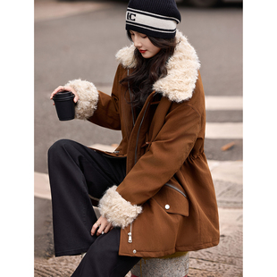 苏醒的乐园仿羊羔毛翻领收腰洋气羽绒服2025年冬季中长款厚外套