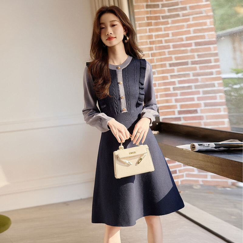 时尚气质连衣裙2023年冬季新款女百搭拼接假两件显瘦修身针织裙