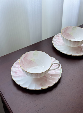 日本nikko日光骨瓷花边咖啡杯粉绿色花卉下午茶杯餐盘
