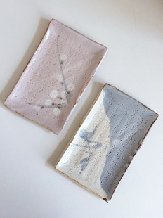 日本志野烧加藤秀山作粉志野鼠志野壶承长方盘餐盘·日本中古