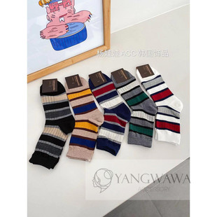 韩国东大门条纹男袜彩色百搭中筒袜高级质感袜子男士短袜240902