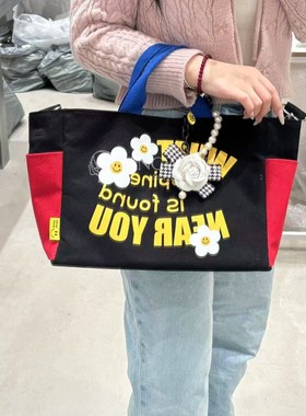 522126韩国东大门makomaki亮晶晶小花百搭字母帆布包手提包