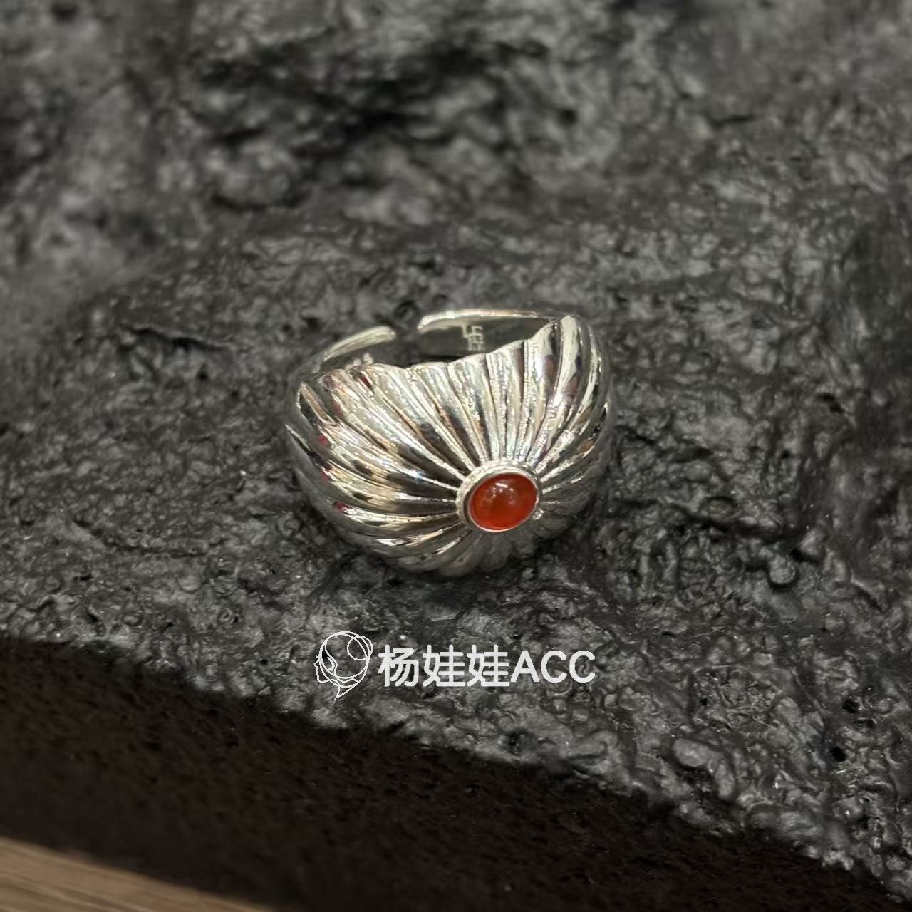 5121621韩国东大门LEI通体纯银新款复古太阳花开口戒指