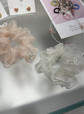 43112韩国东大门papa透视纱纱珍珠蝴蝶结高级感精致肠圈发绳