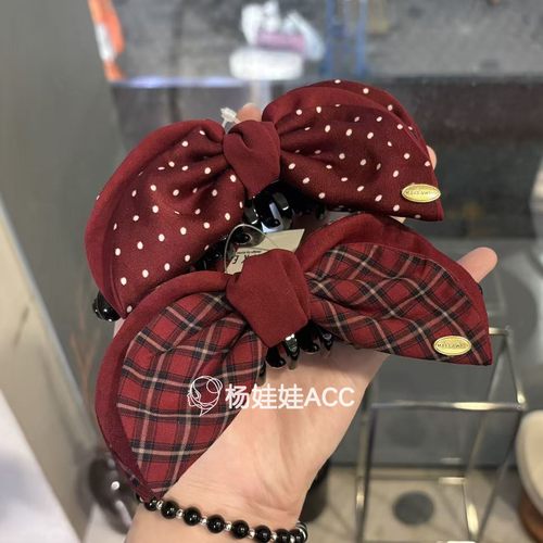 5121804韩国东大门Baket新款高级感甜美格纹波点蝴蝶结香蕉夹发夹