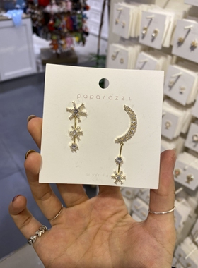 131401韩国东大门papa不对称星星月亮耳环精致镶钻耳坠耳钉长款