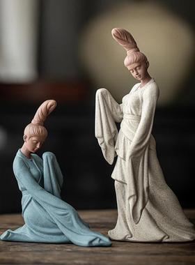 中式紫砂仕女禅意摆件国风工艺品创意客厅博古架茶室茶桌面装饰品