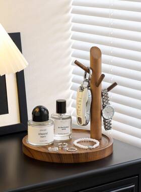 中古风钥匙收纳玄关装饰品摆件入户进门口鞋柜置物架桌面实木托盘