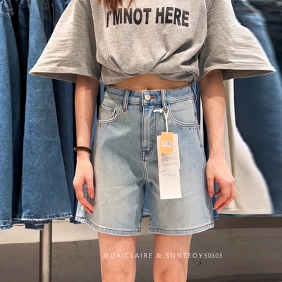 代嘉儿50303牛仔短裤女2026夏款烫钻阔腿热裤蓝色高腰弹力四分裤