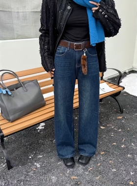 爆犀牛加绒加厚直筒牛仔裤女2025冬韩版百搭显瘦窄版阔腿裤25803