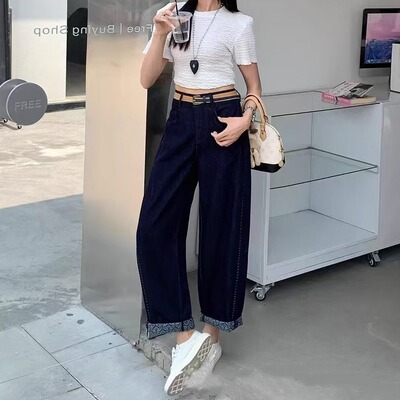 爆犀牛深蓝色显瘦洋气月亮裤牛仔萝卜裤夏季直筒裤女弯刀裤25170