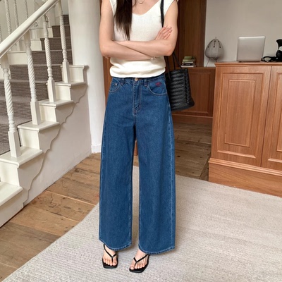 代嘉儿B9803直筒牛仔裤女2026夏季新款深蓝色高腰显瘦九分阔腿裤