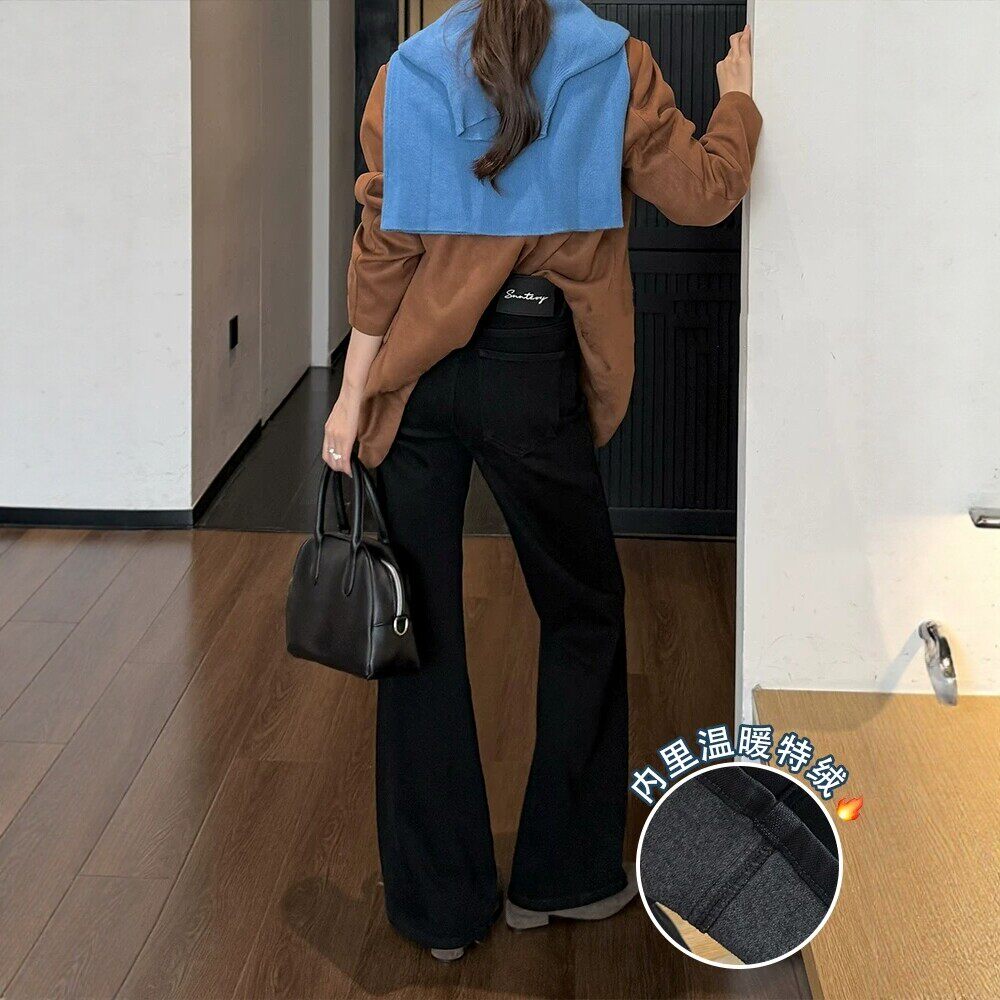 代嘉儿89202加绒微喇牛仔裤女冬休闲黑色显瘦小个子十分筒喇叭裤