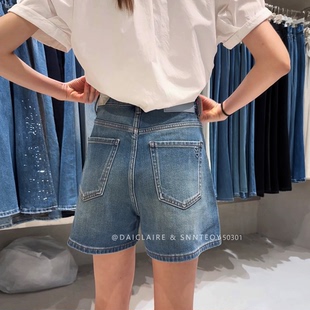 代嘉儿50301牛仔短裤女夏薄款爱心阔腿裤蓝色高腰无弹四分A字短裤