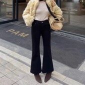 25866 高腰显瘦小个子弹力筒喇裤 爆犀牛冬季 加绒保暖微喇叭牛仔裤