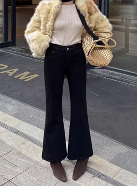 爆犀牛冬季加绒保暖微喇叭牛仔裤高腰显瘦小个子弹力筒喇裤25866