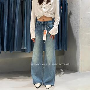 蓝色满钻高腰显瘦弹力筒喇裤 代嘉儿B9381阔腿牛仔裤 女2026春新款