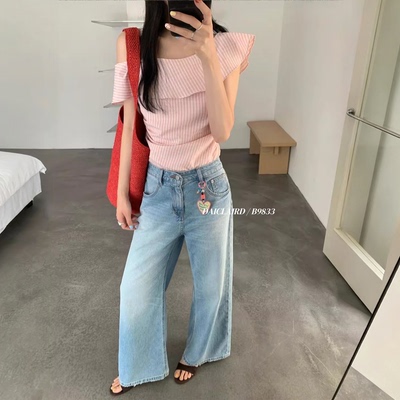 代嘉儿B9833直筒牛仔裤女夏款天丝莱卡阔腿裤浅蓝色高腰微弹甩裤