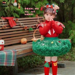 圣诞节女童tutu蓬蓬裙公主风秋冬儿童新年元 旦星星半身裙毛衣套装