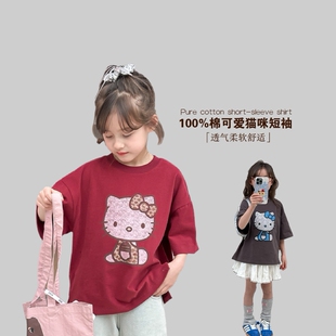 儿童短袖T恤纯棉透气春款韩版宽松卡通打底衫女童kitty猫半袖上衣