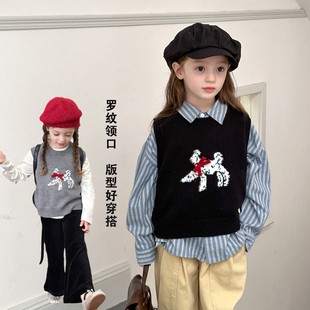 儿童卡通针织背心外穿蝴蝶结洋气女童套装保暖坎肩韩版毛衣马甲潮