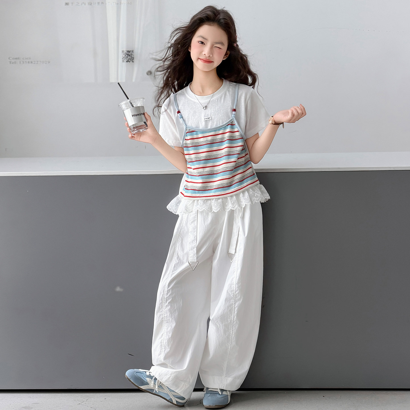 韩版女童套装夏季新款休闲潮流穿搭中大童条纹假两件阔腿裤两件套