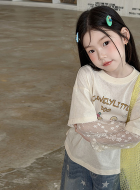 2026新款韩版女童短袖T恤蕾丝拼接假两件夏儿童韩系甜美薄款上衣