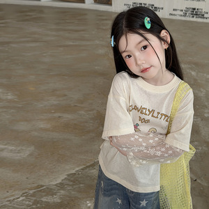 艾摩贝贝女童假两件蕾丝短袖T恤