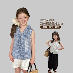 上衣百搭女童白色甜美娃娃衫 儿童格子衬衫 中大童无袖 夏款 2025新款