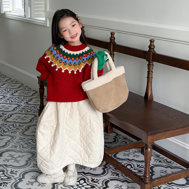 儿童复古提花毛衣新年圣诞费尔岛针织毛线衣女童红色民族风针织衫