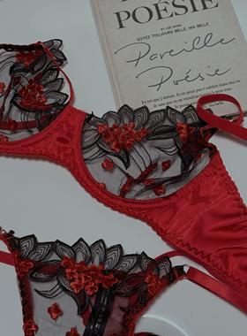 法式文胸套装红色氛围感内衣蕾丝调整型防下垂收副乳聚拢内衣