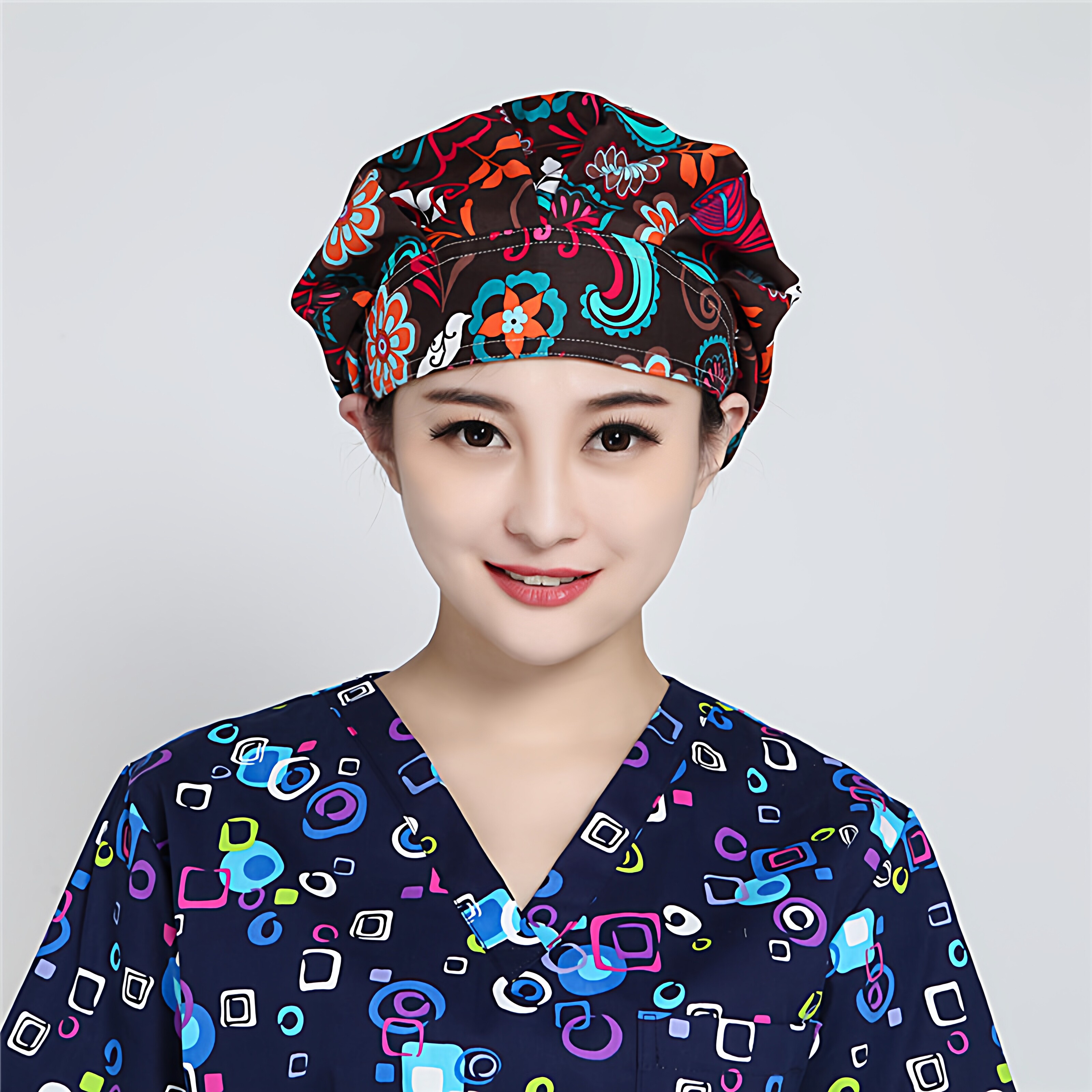 蓬蓬帽深咖啡全棉印花手术帽女医生护士长发家居美容师食品卫生帽