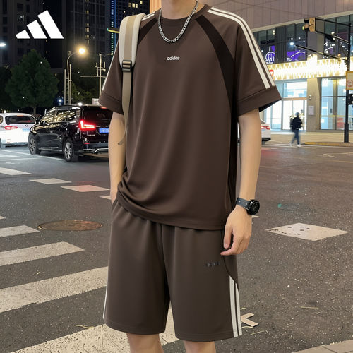 adidas夏季跑步健身短袖两件套