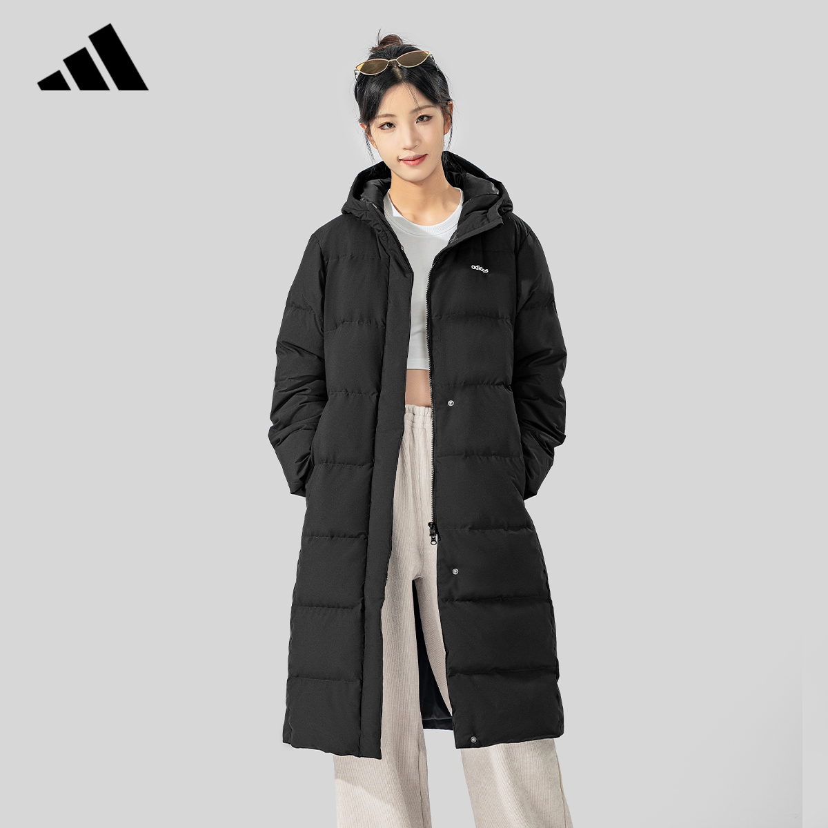 阿迪达斯鸭绒女长款羽绒服