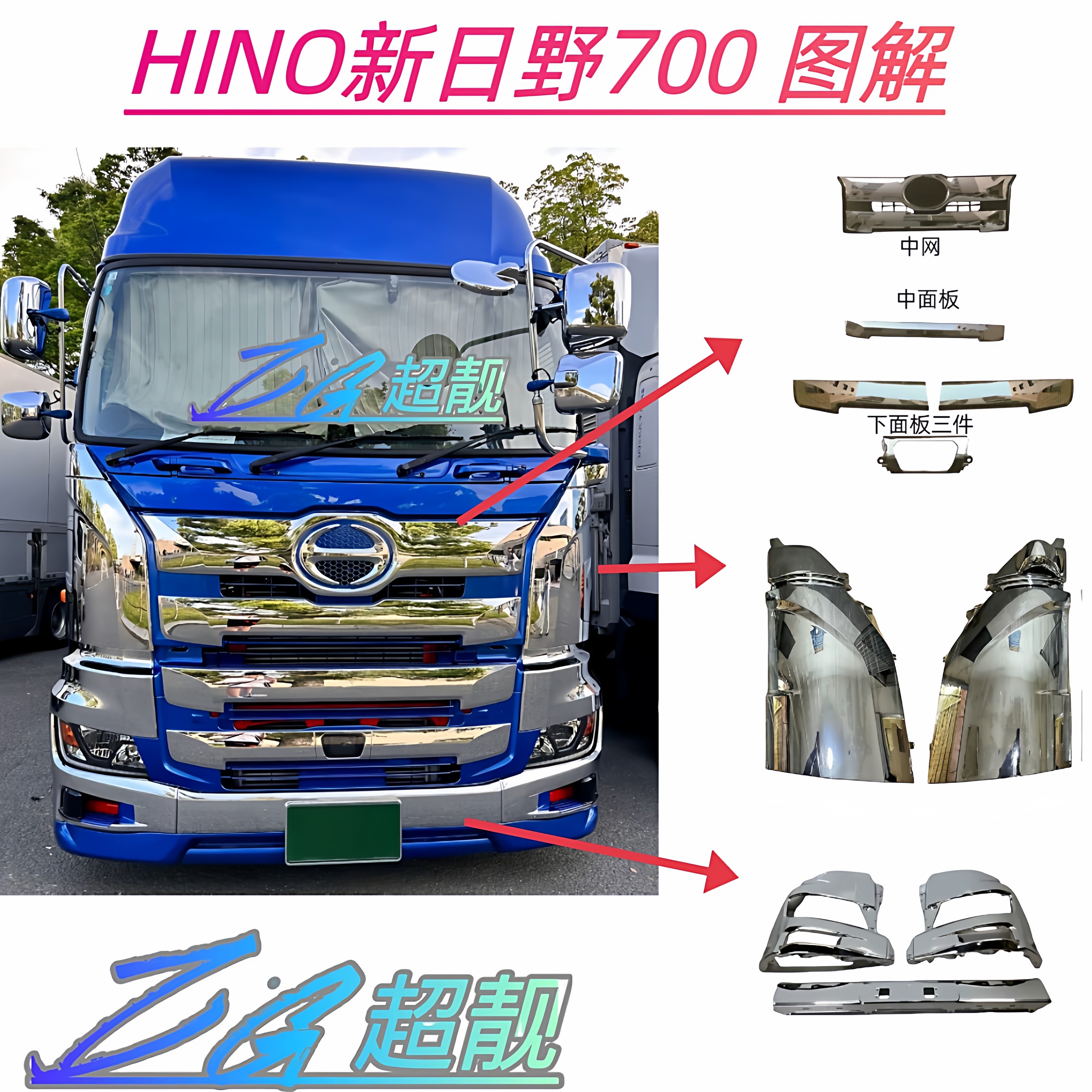 新日野HINO 700改装电镀车窗装饰框盖镀铬包角面板镜壳小包围升级