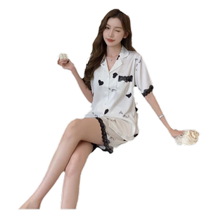 冰丝睡衣女夏季性感蕾丝短袖短裤爱心甜美高级感可外穿家居服套装