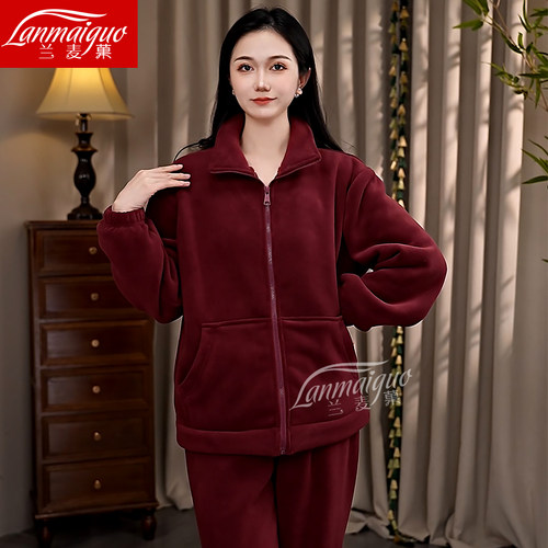 冬季新款海豚绒红色睡衣套装