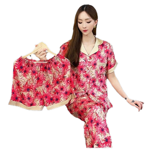 2025夏季新款冰丝短袖短裤睡衣女薄款高级感开衫可外穿休闲三件套