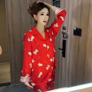 时尚 薄款 家居服套装 冰丝女款 睡衣 可外穿兔子印花夏季 2025年新款