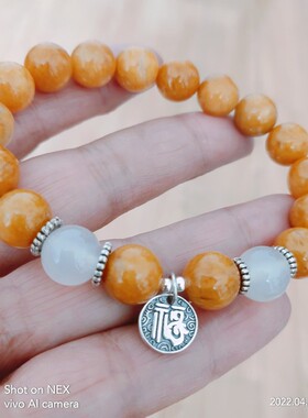 天然10MM橘子石云海石加老银手链
