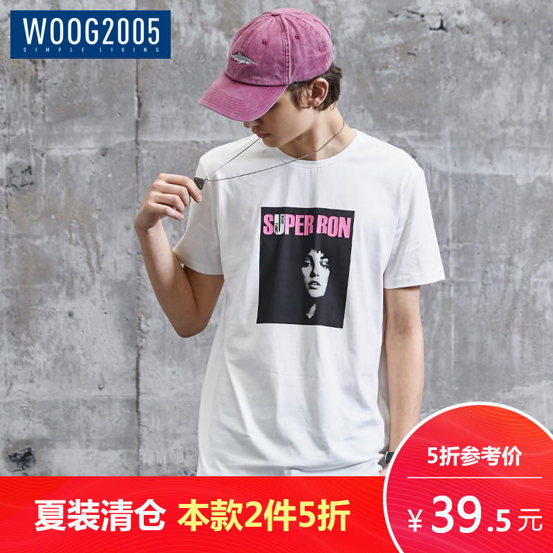 WOOG2005ÄÐÊ¿°×ɫԲÁì¶ÌÐäTÐôÄÐ 2018ÏÄ×°³±Á÷ÄÐʿӡ»¨°ëÐäÌåÐô