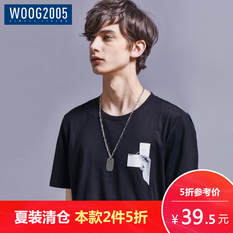 WOOG2005ºÚɫԲÁìÓ¡»¨ÄÐÊ¿¶ÌÐätÐô 2018Ïļ¾Å·ÃÀ¼òÔ¼ÐÞÉí°ëÐäÌåÐô