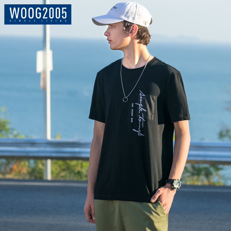 WOOG2005ºÚÉ«×Öĸ´ÌÐåÄÐÊ¿¶ÌÐäTÐô2018ÏÄװпÁ÷Ô²Áì°ëÐäÌåÐô