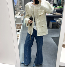 宽松垫肩金扣粗花呢小香风外套女 2019秋新 米白色金色亮片中长款