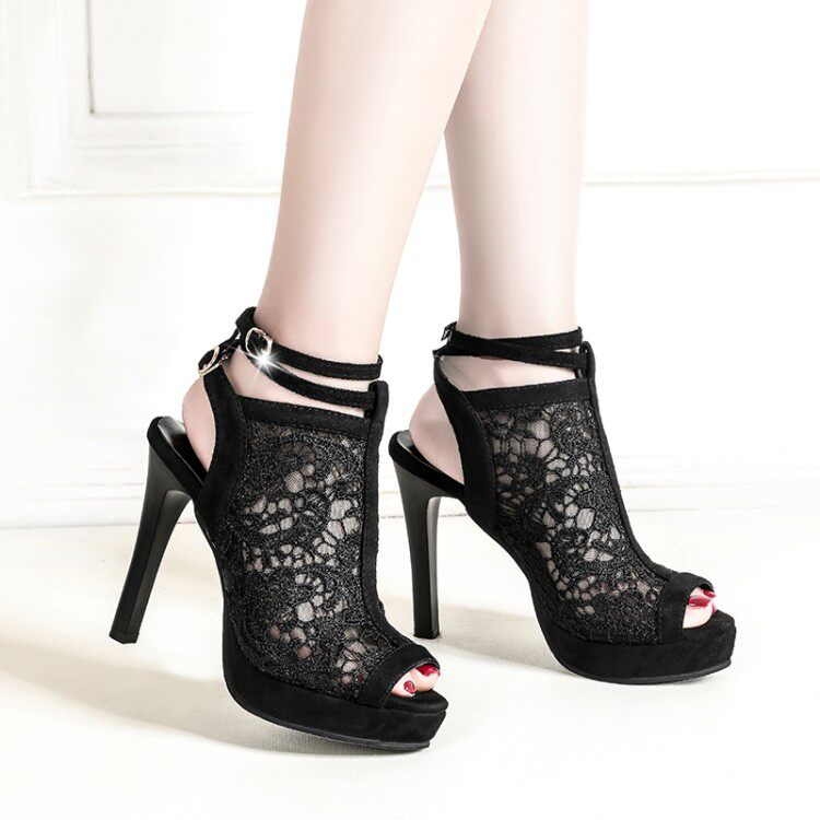 11cm超高跟凉鞋女2023秋季细跟蕾丝网纱鱼嘴恨天高t台走秀性感鞋