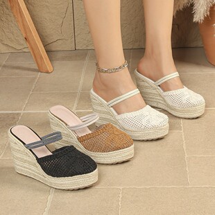 包头罗马凉拖鞋 两穿坡跟凉鞋 厚底草编麻绳高跟时尚 新款 女2026夏季