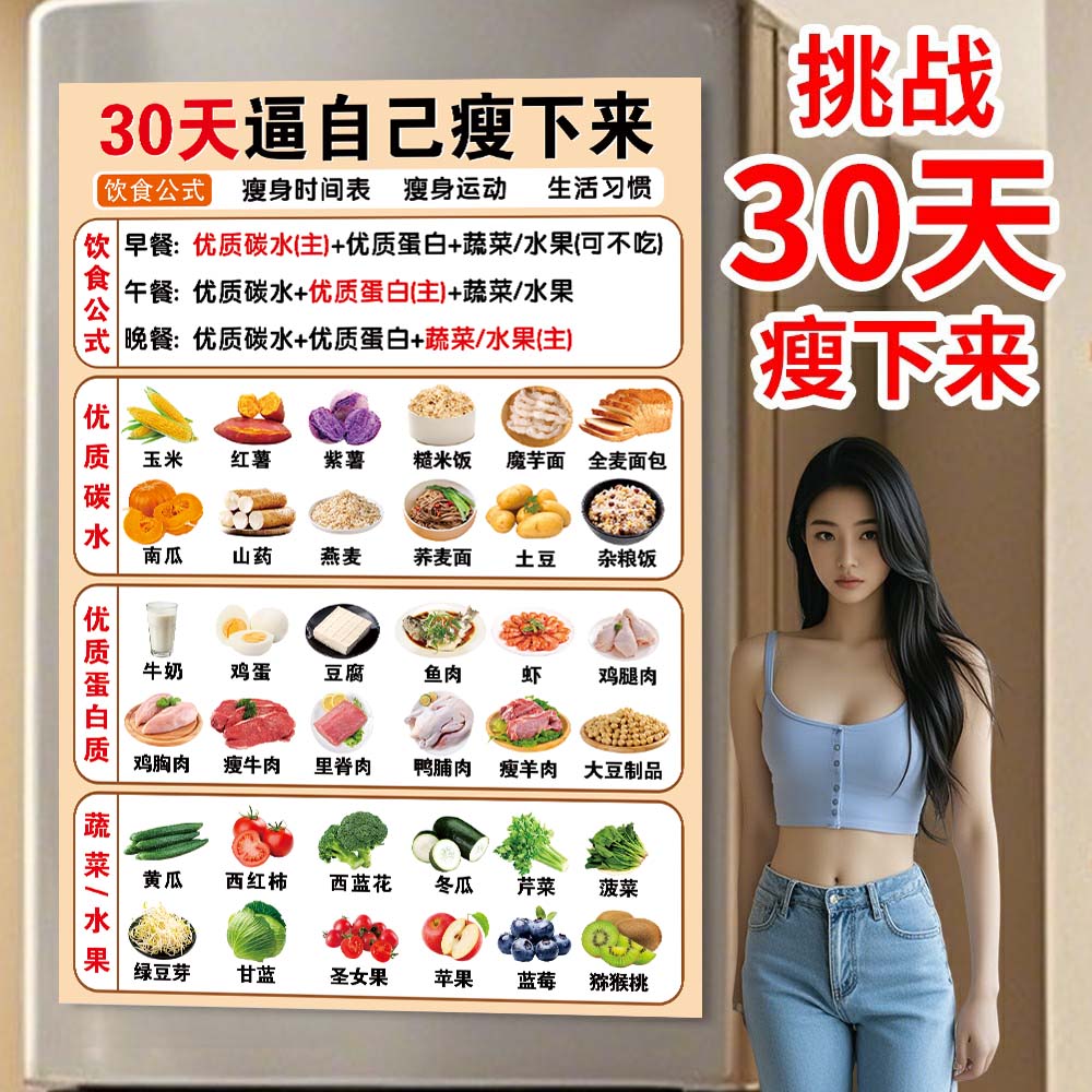 减肥食谱挂图科学健健康瘦身一日三餐自律打卡计划表墙贴纸海报画
